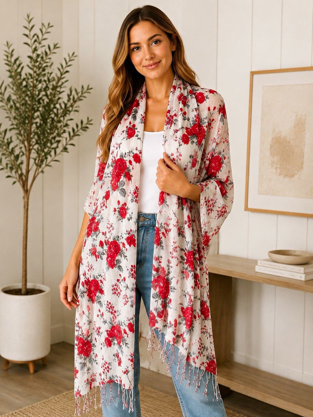 Viscose Woven Floral Rectangle Scarf Wrap w/ Fringe, Ivory Red Gray